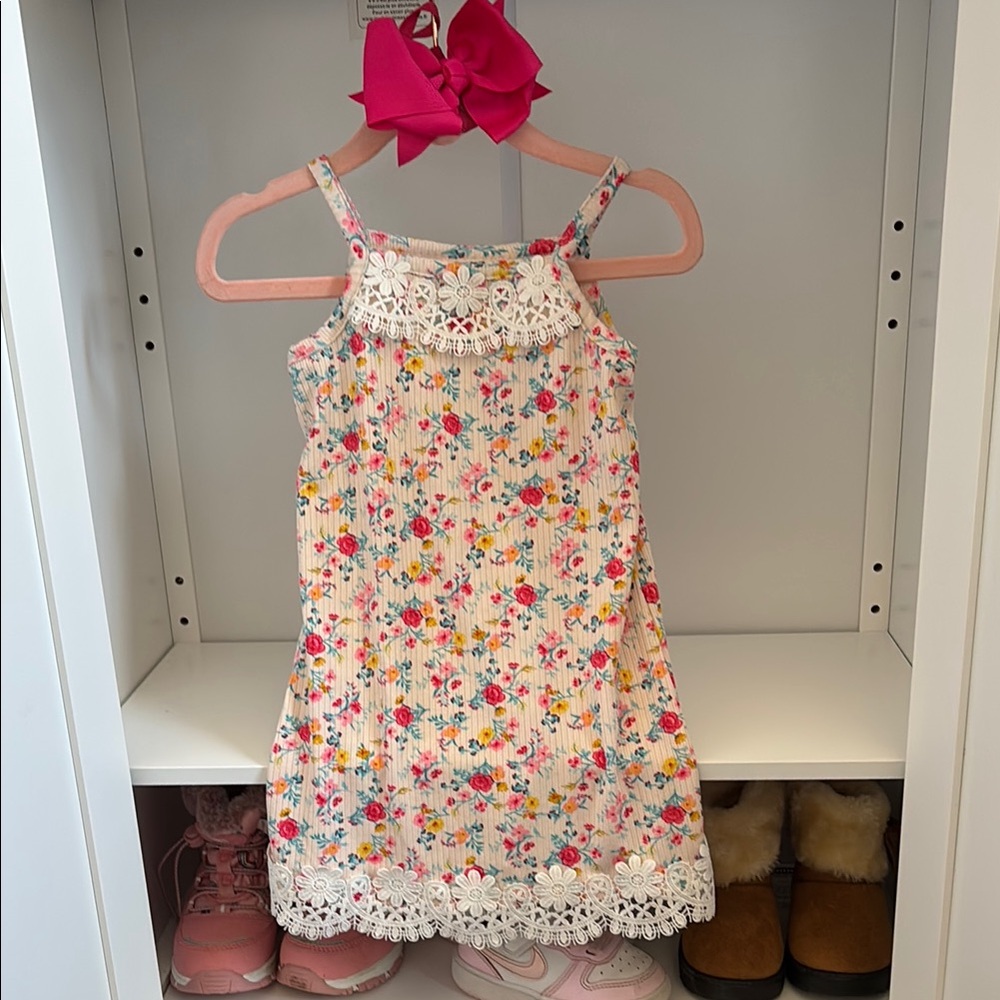 Floral Kids Dress with Lace Trim